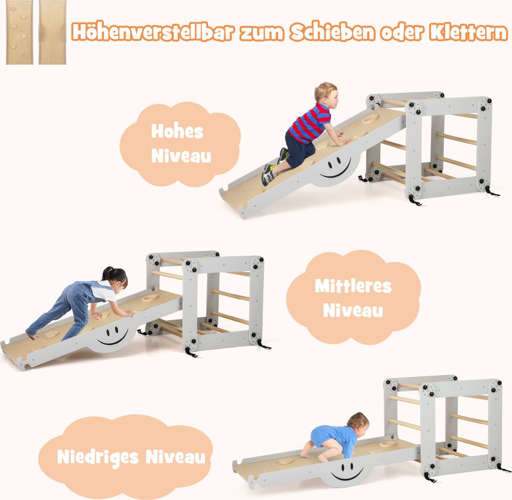 COSTWAY Triangle D'Escalade 5-en-1 Montessori – Échelle, Toboggan, Bascule, Tunnel, Pliable Bois 60kg