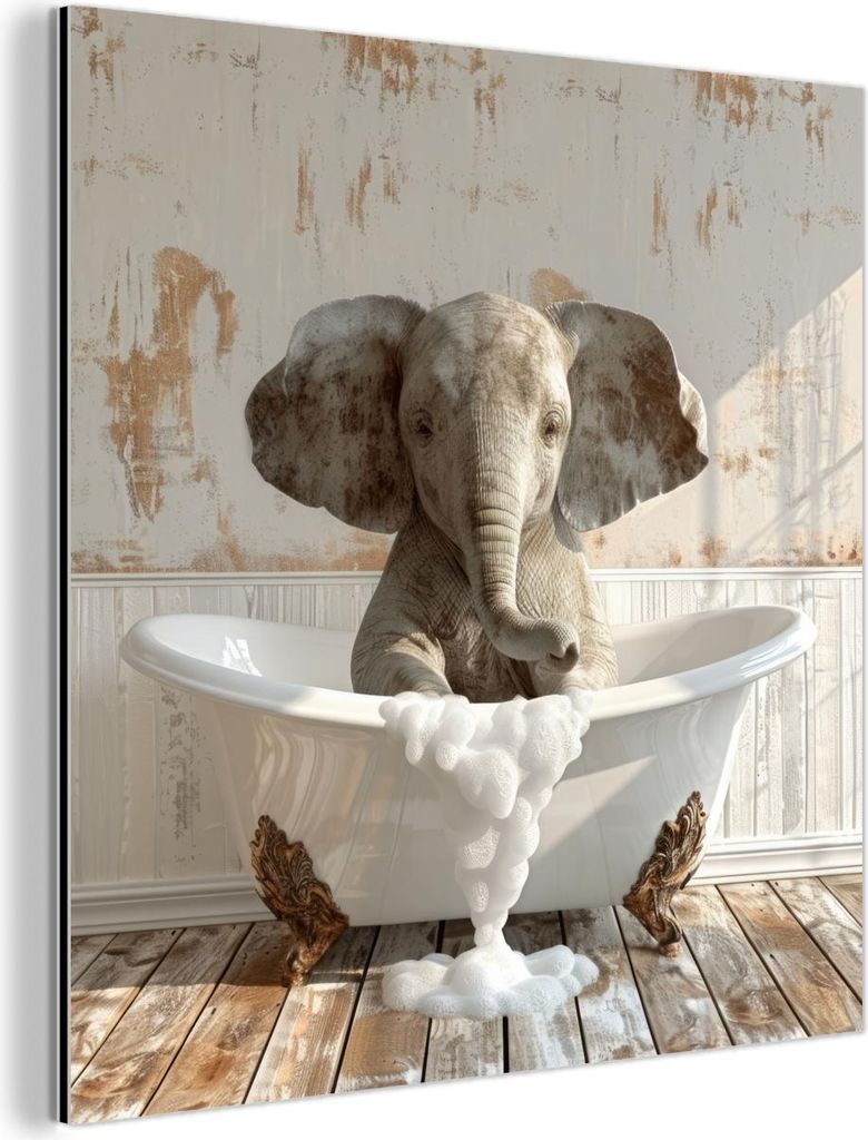 MuchoWow Wanddekoration Metall Metallbild Wandkunst 20x20 cm Vintage - Elefant - Badewanne - Schaumstoff - Wildlife MuchoWow Aluminium Gemälde - A...