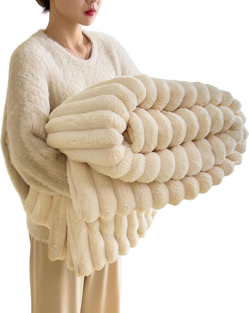 Flanelldecke, verdickt, Kaninchen-Plüsch, Blasenstruktur, einfarbig, für Büro, Zuhause, Bett, Sofa, Reisen, gemütlich, warm, Winterdecke