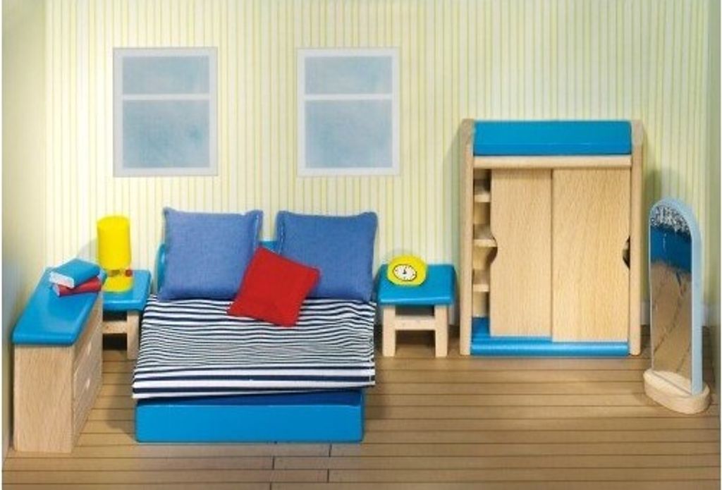 goki 51906 Puppenmöbel Schlafzimmer, blau/natur (1 Set) Produktbild 