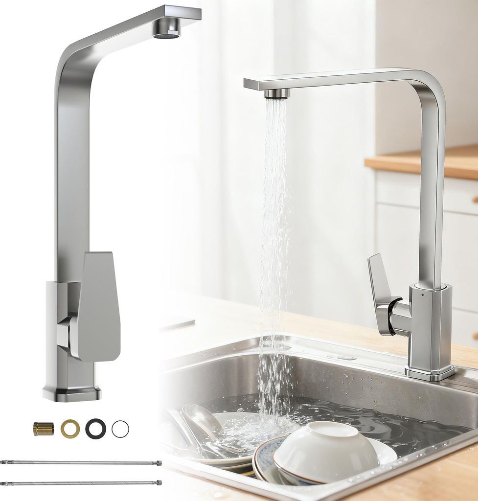 A split image showing a kitchen faucet and a sink with running water.