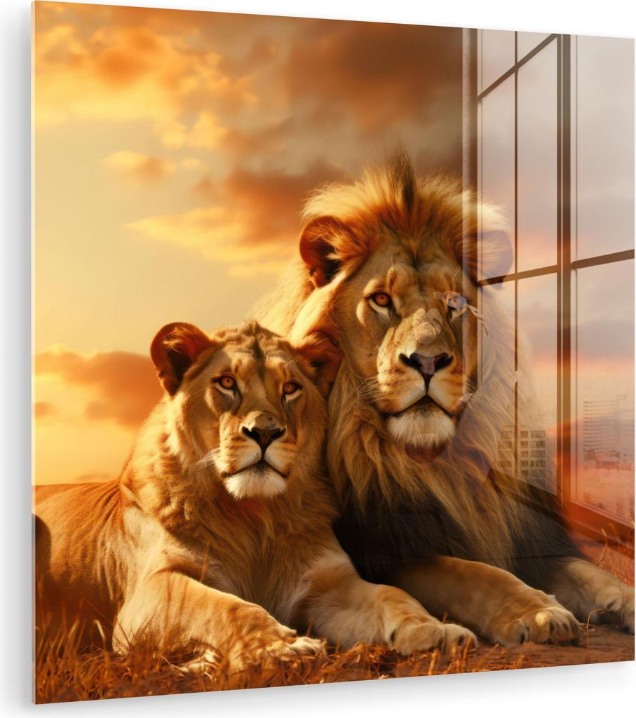 MuchoWow Glasbilder - Bilder auf Wandbild - Foto auf Glas Löwen - Sonnenuntergang - Afrika - Savanne - Tiere 50x50 cm Wanddekoration aus Glas - Ac...