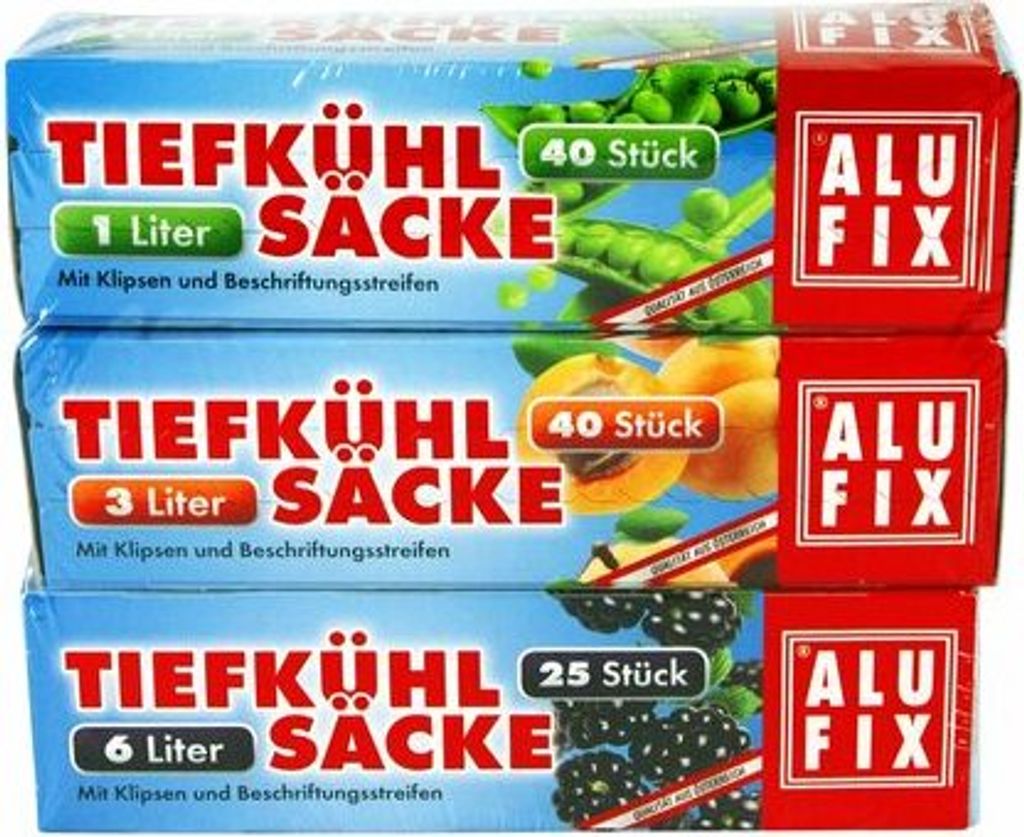 315x ALUFIX Tiefkühlsäcke Gefrierbeutel Mix mit Verschlussclips 1 L 3 L 6 L
