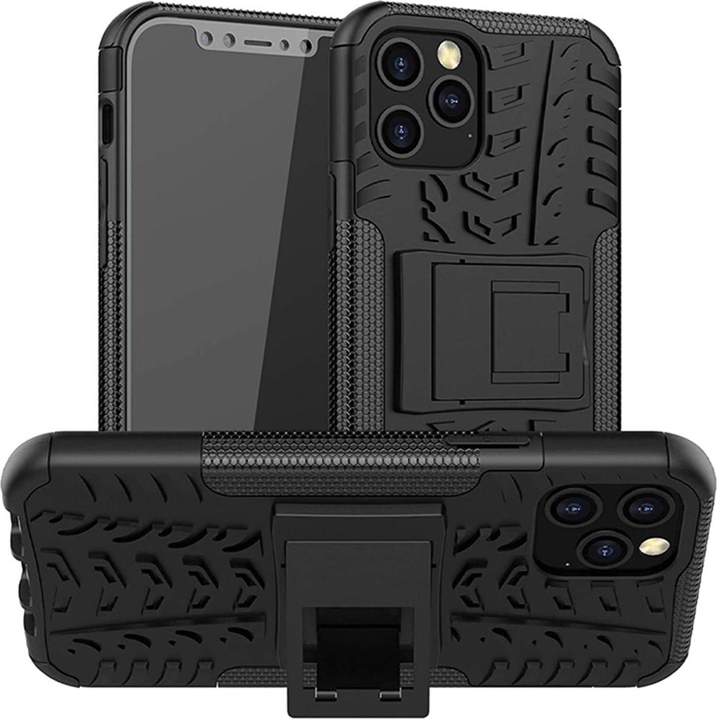 A black protective phone case with a tire tread pattern and a kickstand is shown from multiple angles.
