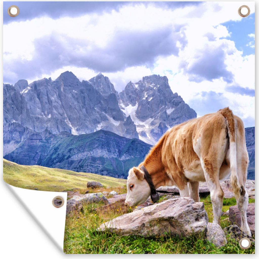 MuchoWow 50x50 cm Outdoor-Poster Gartendeko Sichtschutz Garten Poster für den Garten Alpen - Kuh - Berg