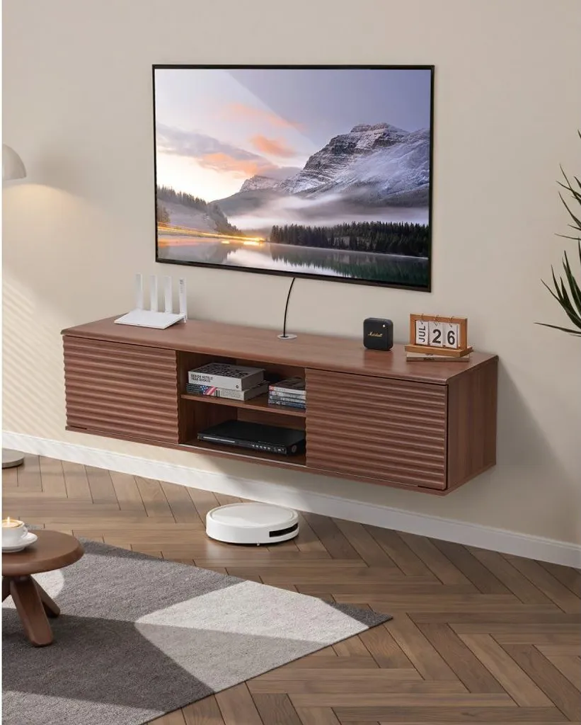 Banc TV Mural Design 152 cm - Armoire de Salon Suspendue en Bois et Blanc