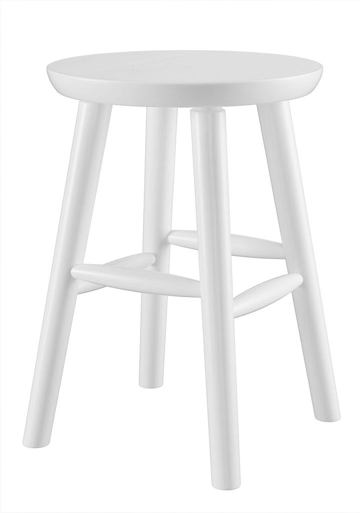A white wooden stool shown in isolation against a white background.