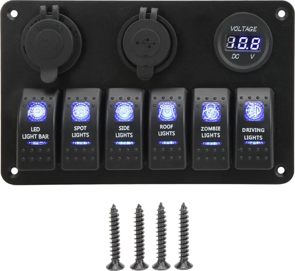 Panneau Commande Bateau Camping-Car 6 Interrupteurs USB Voltmètre Bleu - 2