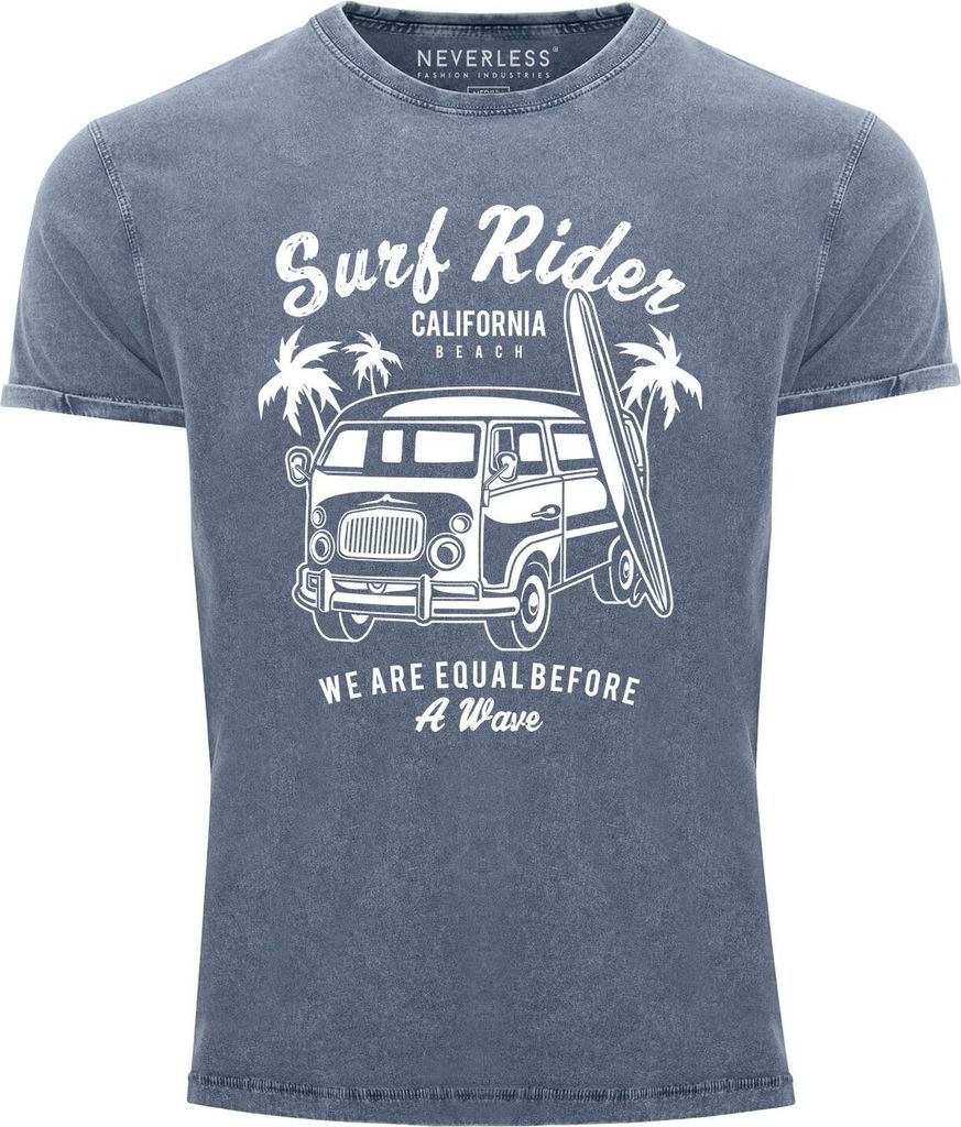 Cooles Angesagtes Herren T-Shirt Vintage Shirt Retro Bus Surfen Aufdruck Used Look Slim Fit Neverless blau 3XL