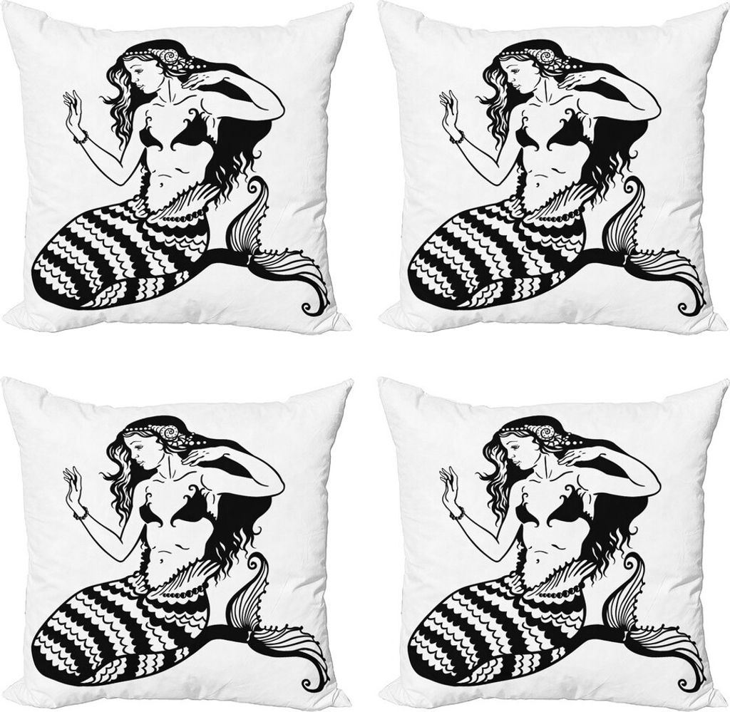 ABAKUHAUS Unterwasser- Kissenbezug Set (4 Stück), Fisch Tailed junges Mädchen, Moderner Doppelseitiger Digitaldruck, 50 cm x 50 cm, Weiß und Sch...