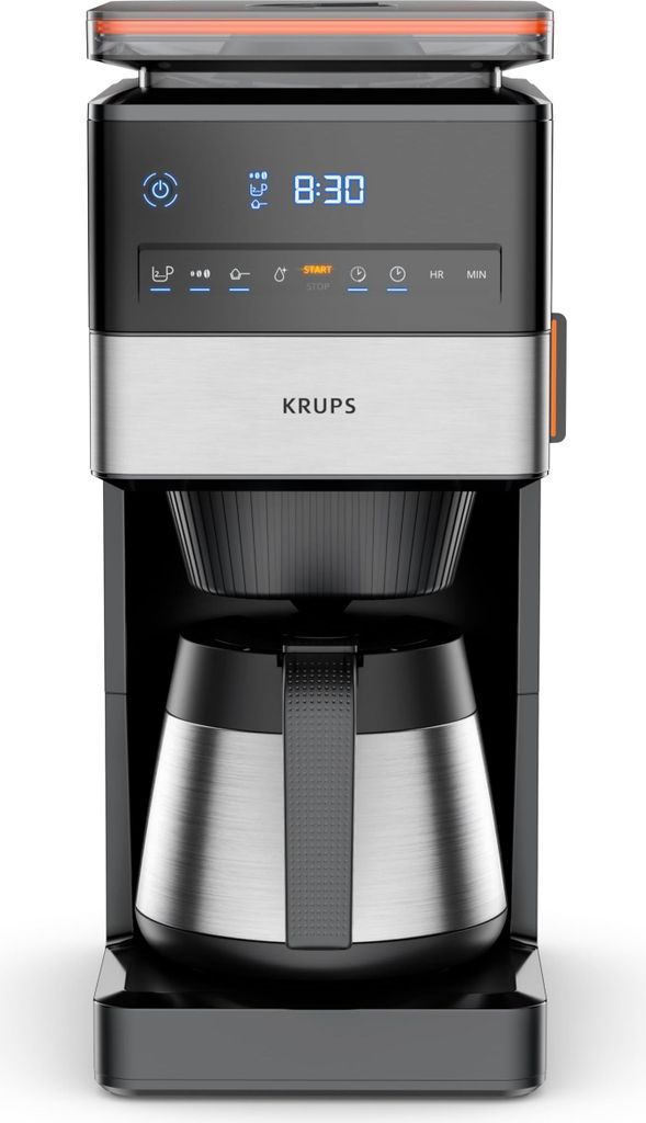 A front view of a black and stainless steel KRUPS coffee maker with an orange accent on top.