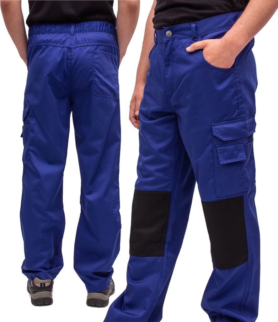 A person wearing blue work pants with black knee patches.