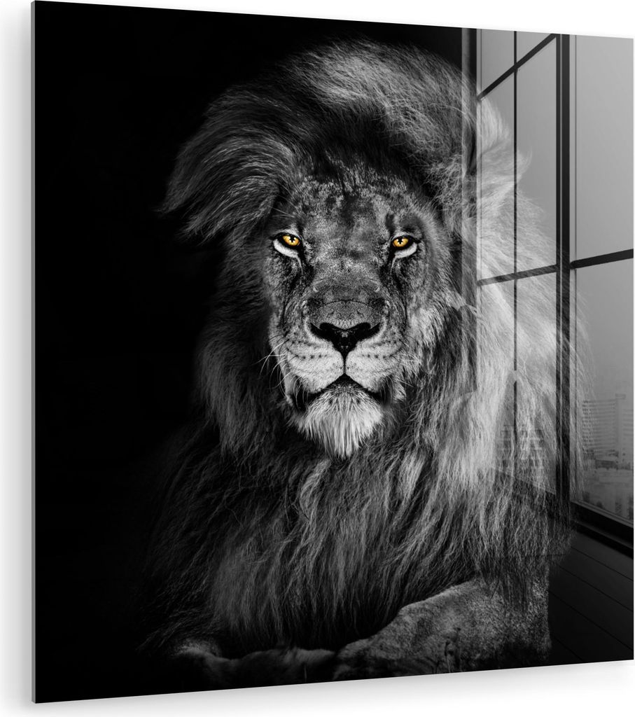 MuchoWow Glasbilder - Bilder auf Wandbild - Foto auf Glas Löwe - Augen - Orange - Schwarz und weiß - Tiere - Porträt 50x50 cm Wanddekoration aus...