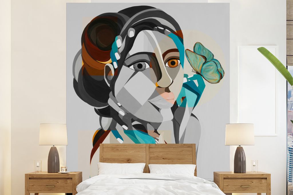 MuchoWow Fototapete für Wohnzimmer oder Schlafzimmer Wandtapete Vinyl Motivtapete Frau - Schmetterling - Grau - Natur - 210x260 cm - Wand Tapete