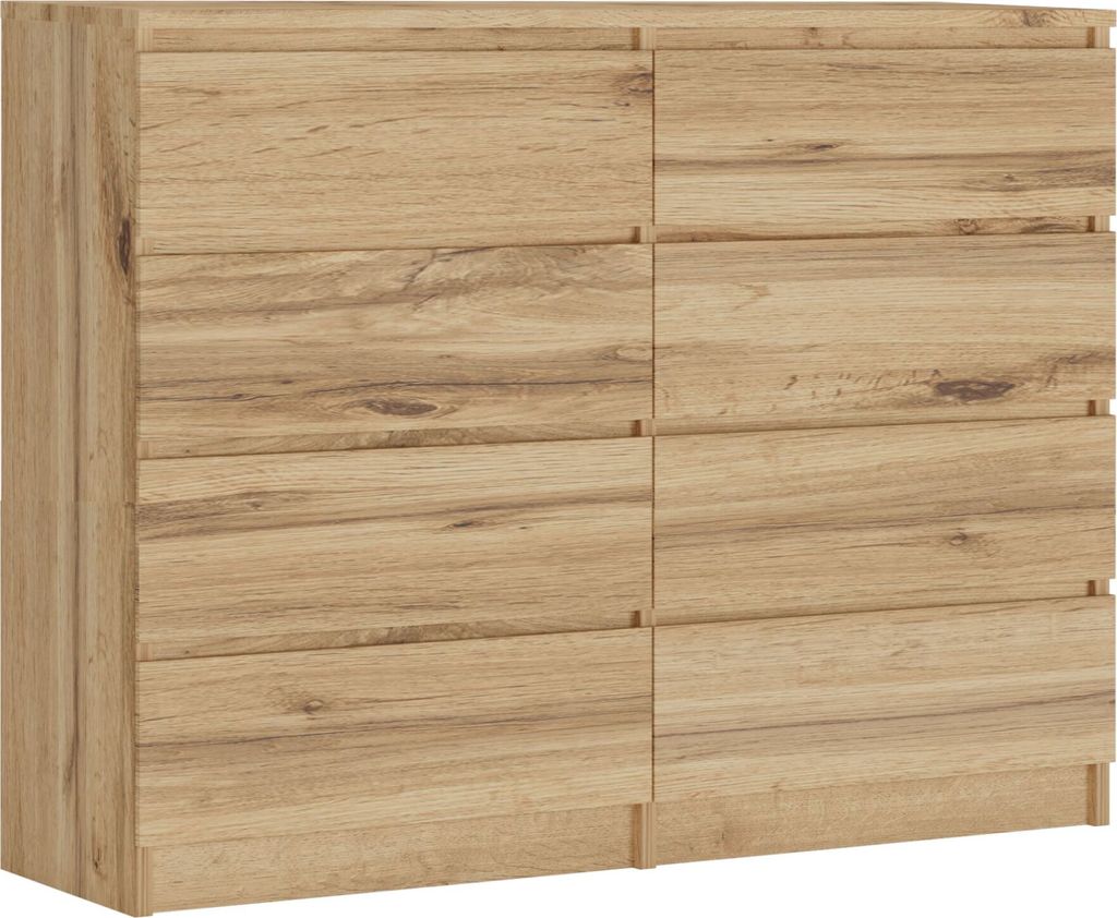 A chest of drawers with eight drawers, made of wood.