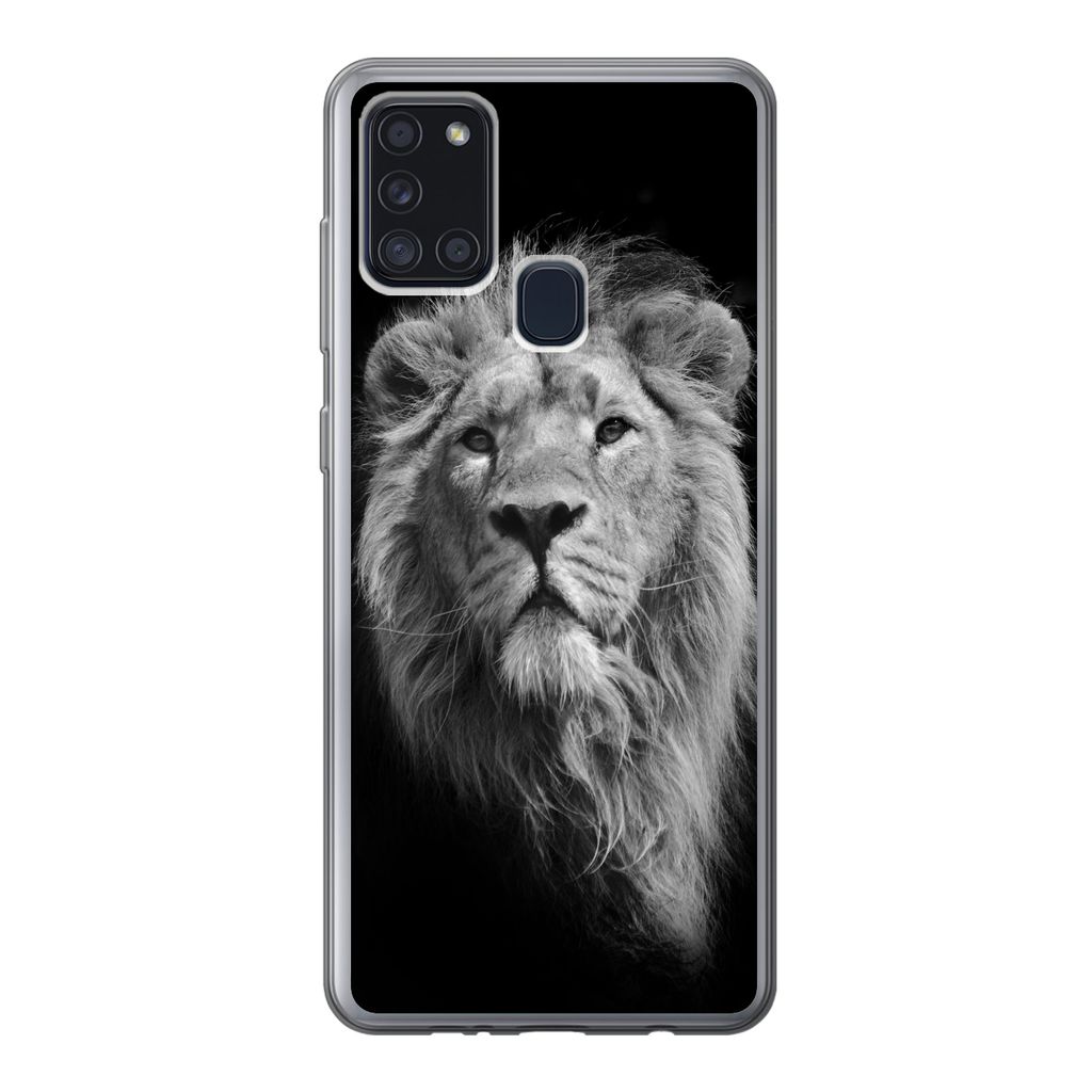 MuchoWow Handyhülle Schutzhülle Hülle für Samsung Galaxy A21s Löwe - Porträt - Schwarz - Weiß Silikon Softcase Handy Hülle - Hartschale
