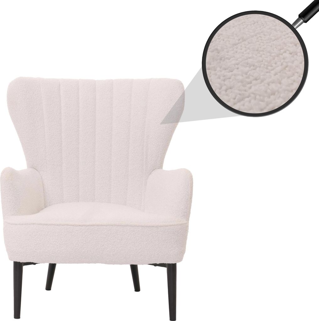 Lounge-Sessel MCW-K37, Cocktail-/Ohrensessel Polsterstuhl Retro Vintage Stoff Bouclé (600g/m²) weiß