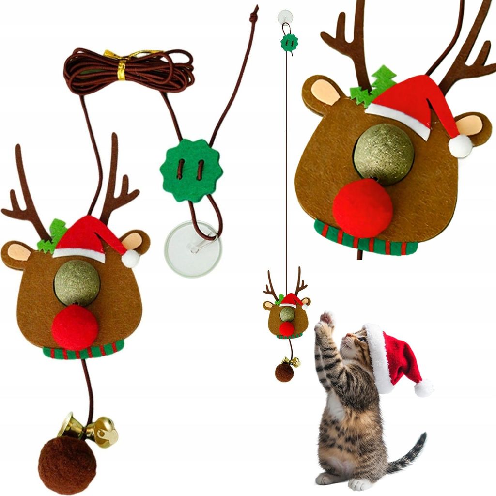 RENTIER mit KATZENMINZE Weihnachts-Katzenspielzeug am Fensterrahmen befestigt