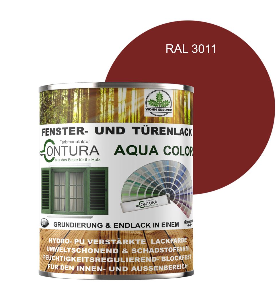Contura 750ml Fenster und Türenlack Seidenmatt nach RAL 2in1 mit Pinsel Möbellack Innen und Außen Holzlack - RAL 3011 Braunrot