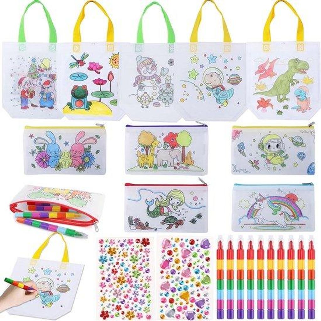 22 Stoffzakken zum Bemalen, mit Reißverschluss, 10 Farbstiften, 2 Diamantstickern, ideal für Kindergeburtstage