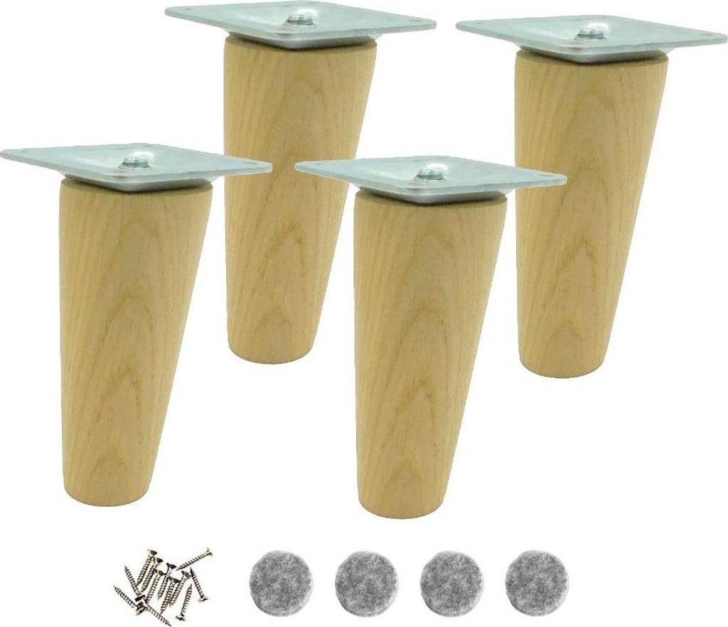 4x Möbelfüße aus Eiche – schräg, roh, 10 cm – mit M8-Schraube & Montageplatte