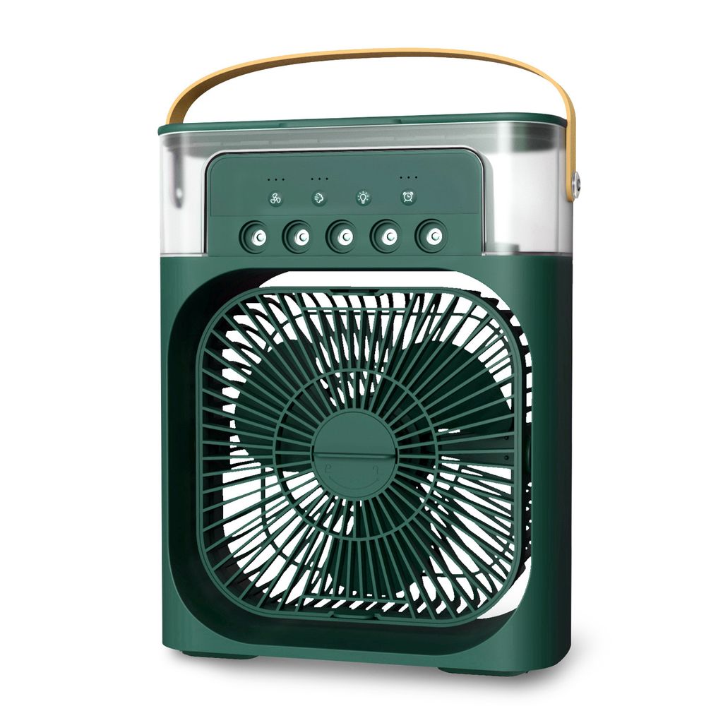 A portable USB fan, humidifier, and air cooler with an LED night light and water mist function.