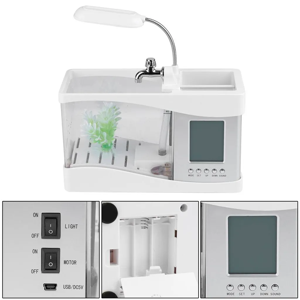 Aquarium décoratif pour table de nuit avec horloge et lumière LED USB - 6