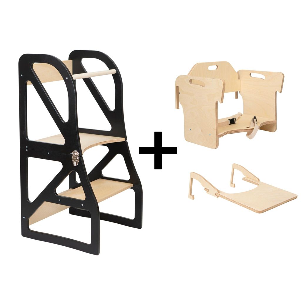 leg&go Verstellbarer Lernturm 2-in-1 Securestep Schwarz Set – Montessori Lernturm mit Fütterungsstuhl & Tisch