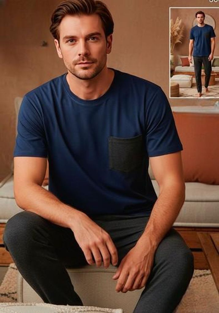 Herren Pyjama Schlafanzug Marineblau M Baumwolle Kurz C-75 Produktbild 