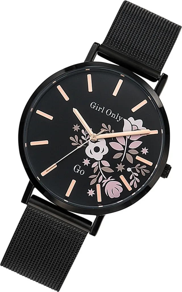Montre Quartz Fleurs Noire Girl Only avec Bracelet Acier Inoxydable Chic