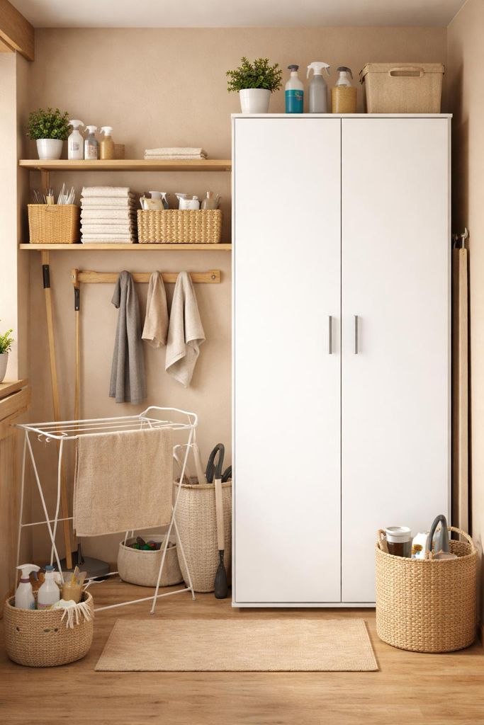 A laundry room or utility space with a white cabinet, shelves, and various cleaning supplies and laundry items.