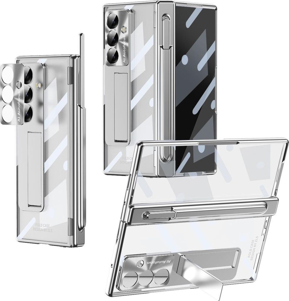 Hülle für Samsung Galaxy Z Fold 7 Magnetscharnier, Ständer, Stifthalter, Schutzhülle mit Linsenfolie, Bildschirmfolie Silber