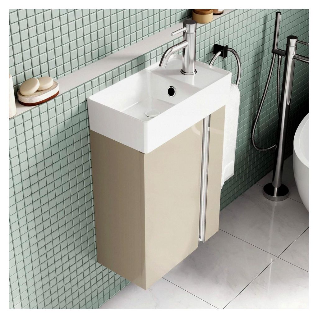 Badezimmerschrank 40 cm mit Waschbecken – Kompakter Waschbeckenschrank mit Stauraum für Gäste-WC, Platzsparend, Taupe Glanz