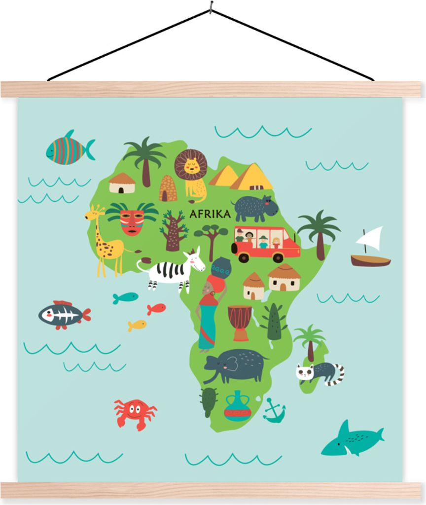 MuchoWow Textilposter Weltkarte Kinder - Tiere - Afrika 40x40 cm mit holzfarbenen Rahmen - Posterleiste