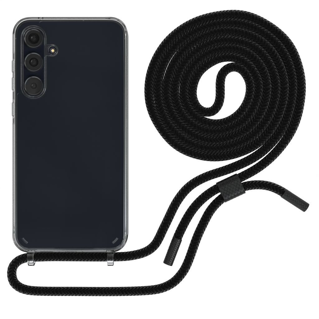 EAZY CASE Handykette für Samsung Galaxy A55, Clear Case aus Silikon, mit Umhängeband, abnehmbare Endstücke, Handyband in Schwarz