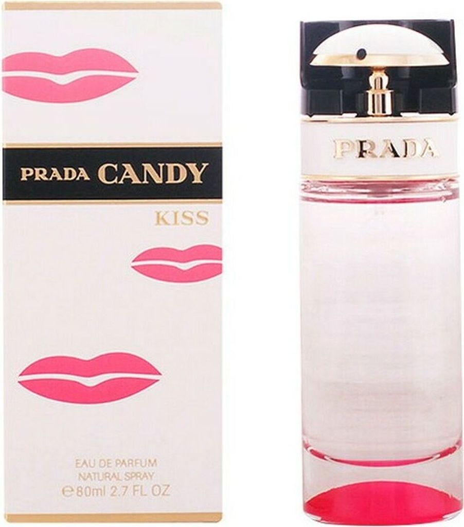 A product shot of Prada Candy Kiss Eau de Parfum for women and its packaging.