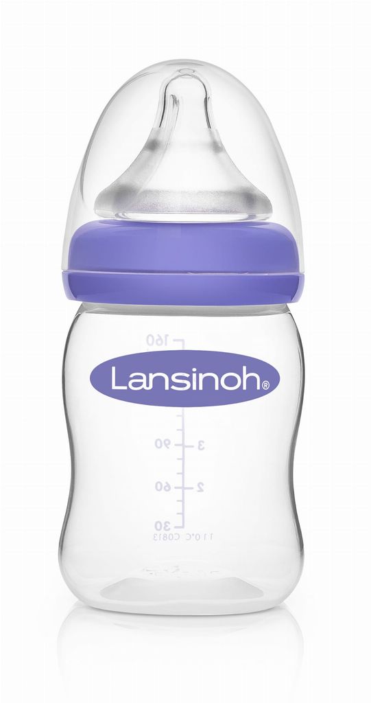 A clear studio shot of a Lansinoh baby bottle.