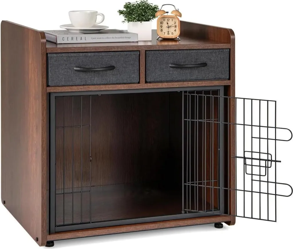 Cage chien meuble verrouillable 2 tiroirs en tissu et plateau robuste