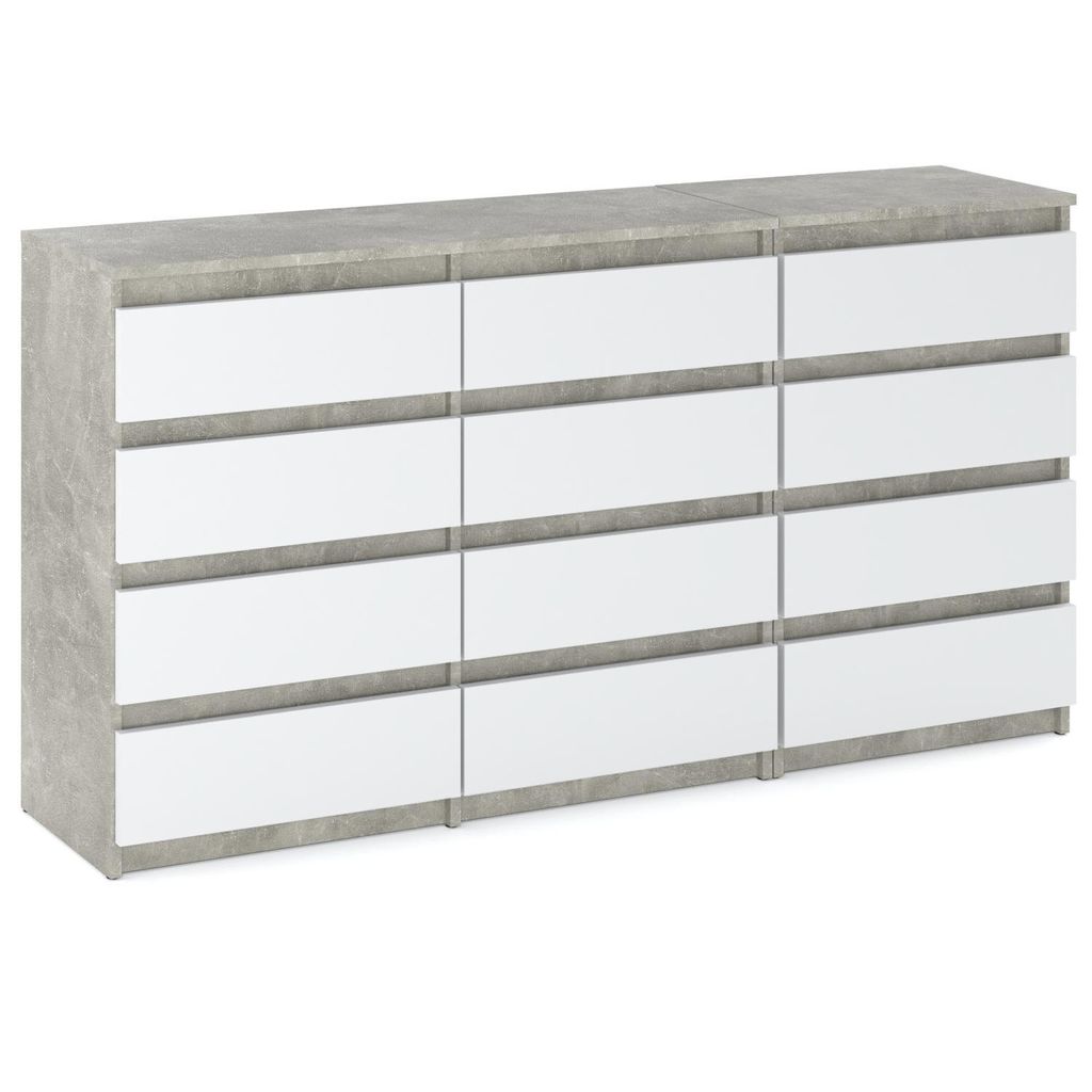 STIV Möbel | Kommode mit 12 Schubladen (8+4) | Beton / Weiß Matt | 180 cm | modern & grifflos | Schlafzimmer & Wohnzimmer