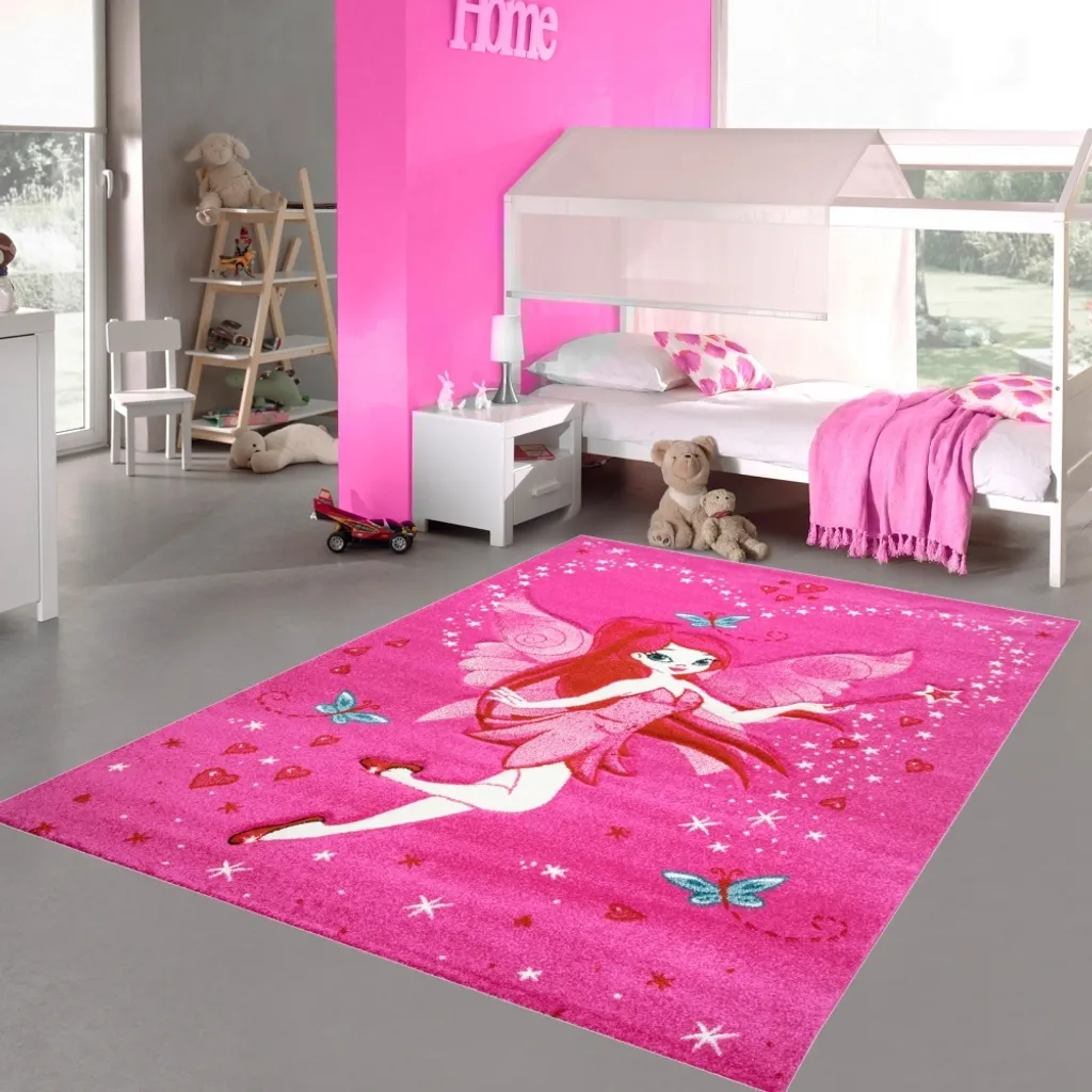 Grand tapis enfant fée enchantée rose doux et coloré taille 160 x 230 cm