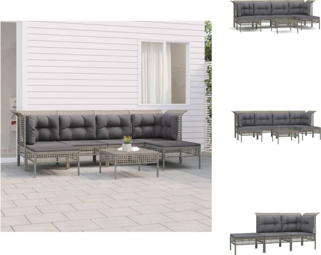 vidaXL 7-tlg. Garten-Lounge-Set mit Kissen Grau Poly Rattan - Gartenmöbel-Sets