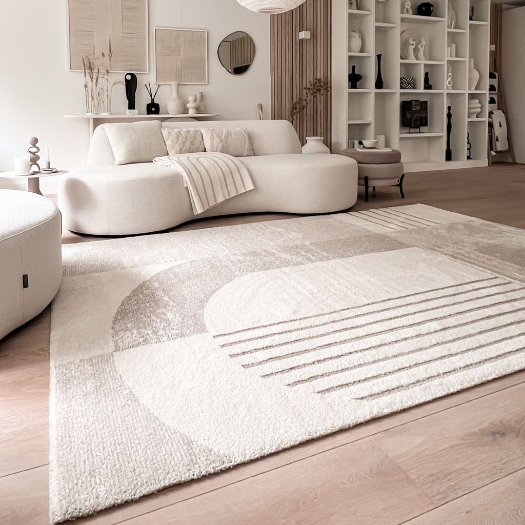 Volero - Hochflor Teppich - Serene Shapes Creme - 80x150 cm - Wohnzimmer, Schlafzimmer, Flur - Ländlich, Modern, Skandinavisch