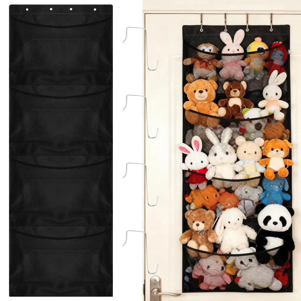 Meuble peluches noir : 4 compartiments larges et système suspendu