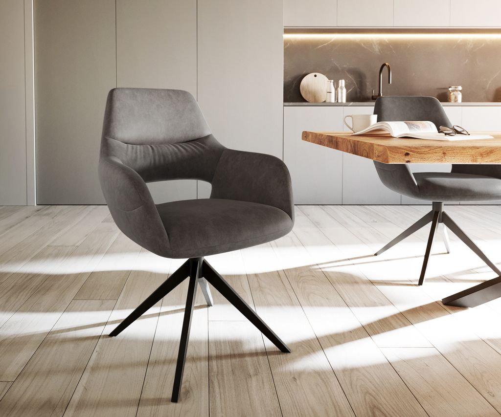 DELIFE Esszimmerstuhl Yago-Flex mit Armlehnen Mikrofaser Anthrazit Vintage Kreuzgestell breit schwarz Taschenfederkern