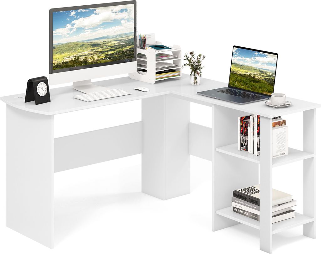 A white L-shaped desk with a computer monitor, laptop, and books.