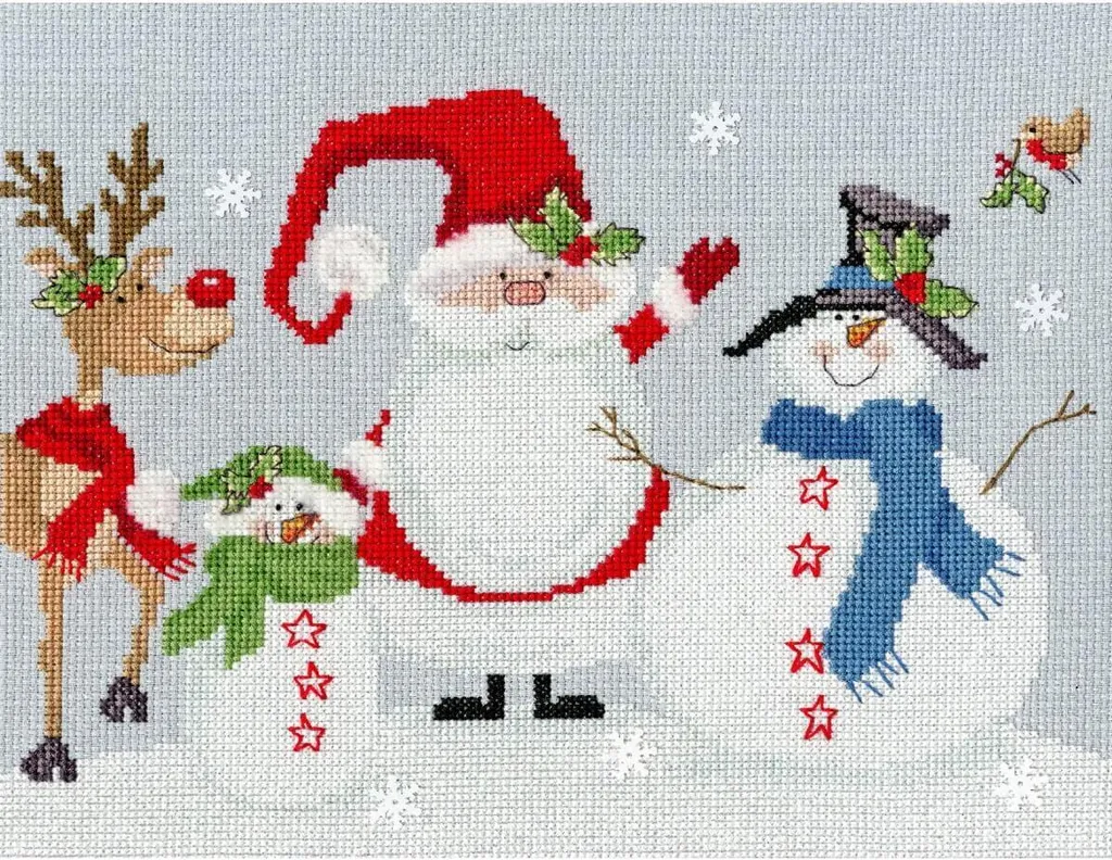 Broderie point de croix paysage d'hiver Amis sous la neige 26x20 cm