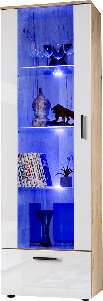 Komodee, Vitrine Schrank Alessandria, Wotan/Weiß, Breite 60cm x Höhe 192cm x Tiefe 42cm, 3 Glasböden, 1 Regal aus laminierter Platte, für Wohnz...