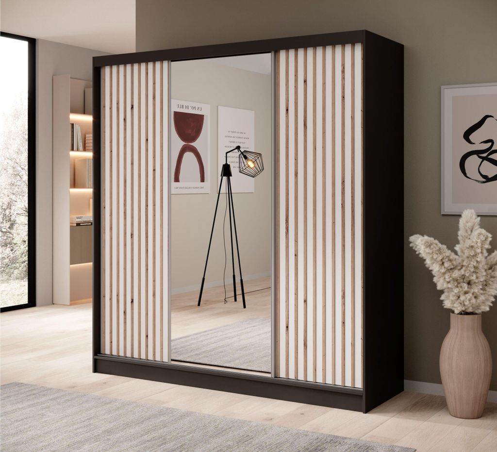 Schwebetürenschrank 3-türig Schrank Garderobe Schiebtüren Schlafzimmer - Schiebetürenschrank mit Spiegel MARCELLA 200 - Schwarz + Weiß, mit Sp...