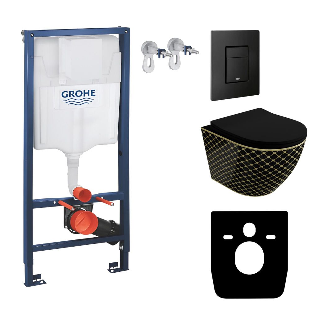 GROHE Vorwandelement Solido + Wand Hänge WC Sofi Slim Black Night Schwarz Spülrandlos + WC-Sitz SoftClose | Schwarzer Knopf | Komplettset | Unter...