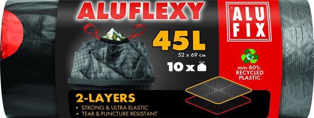 Müllsäcke "Aluflexy", schwarz, einziehbar, 45 l, 10 Stück, LDPE, ALUFIX
